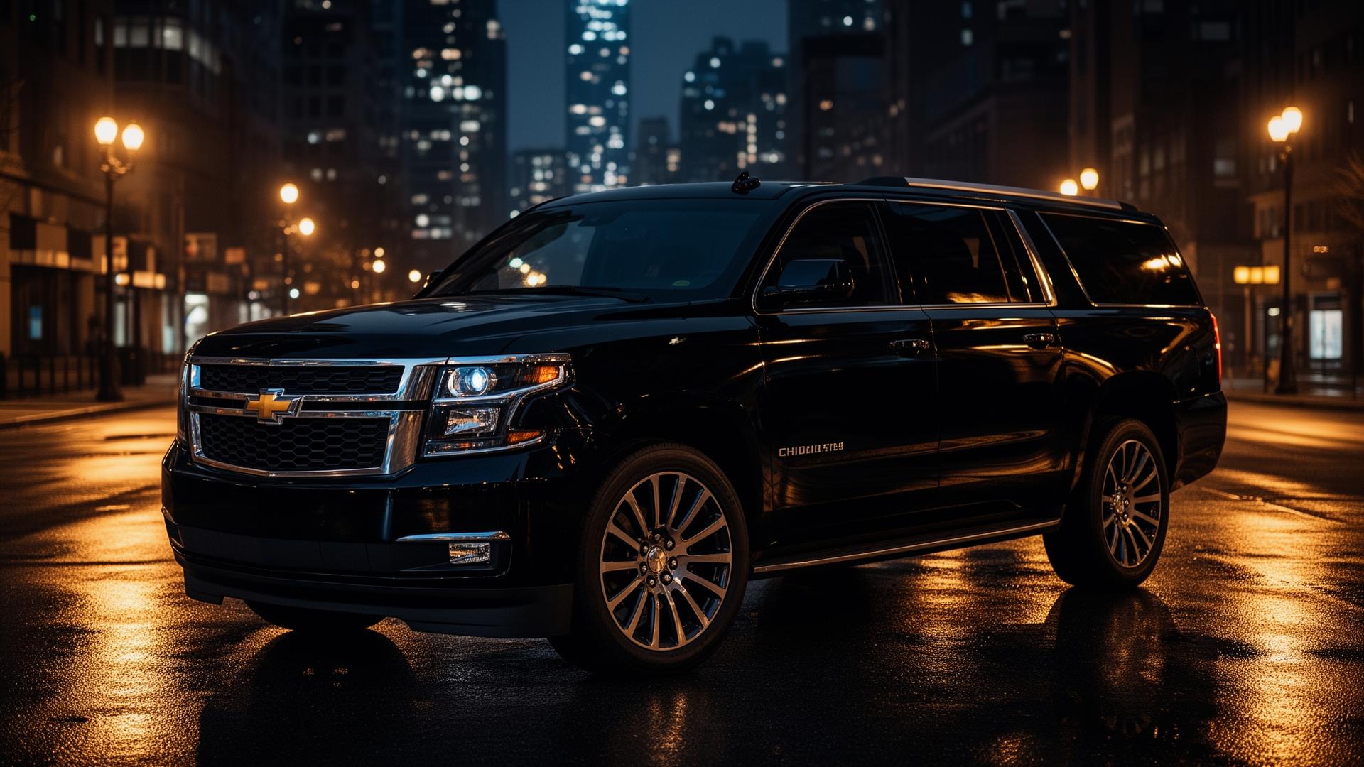 Luxury black Suburban at night